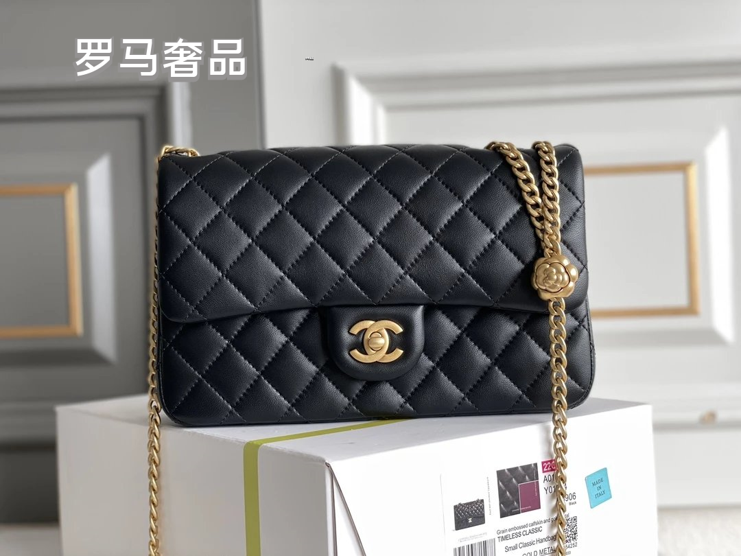 Black Quilted Leather Mini Flap Bag with Gold-Tone Chain and Camellia Charm