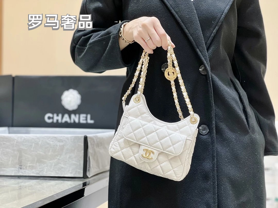 Chanel Small Hobo Bag White Quilted Lambskin Gold-Tone Metal Handbag