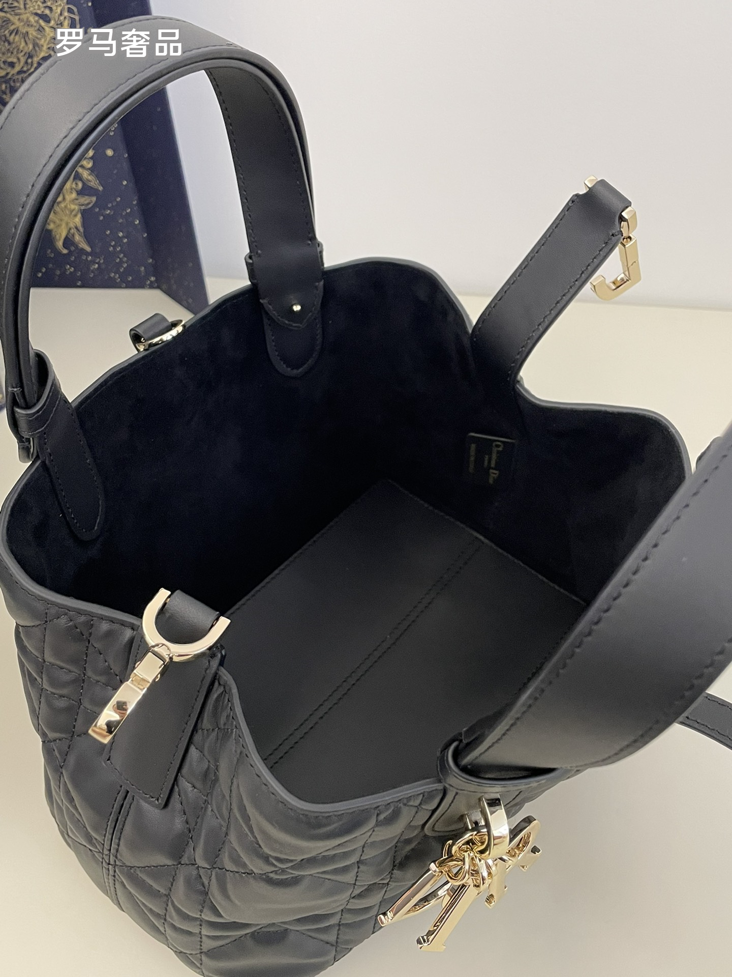 Luxury Black Quilted Macrocannage Handbag with Gold 'DIOR' Charms