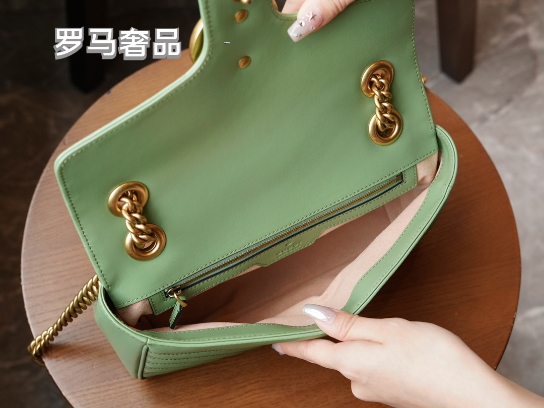 Gucci Sage Green Quilted Chevron Leather Shoulder Bag with Gold Chain