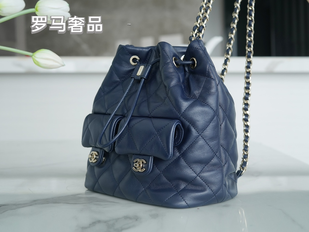 Chanel Navy Quilted Lambskin Leather Backpack with Silver-Tone Hardware