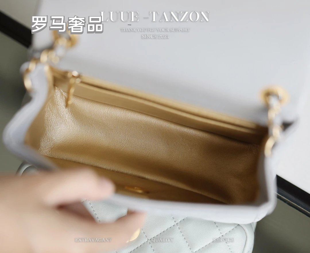 Light Grey Quilted Mini Flap Bag with Adjustable Golden Ball Chain Strap