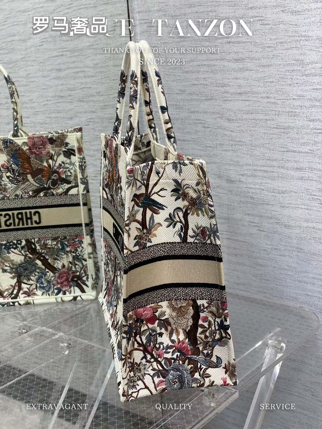 Christian Dior Large Book Tote Bag - White Canvas with Multi-Color Floral and Bird Embroidery