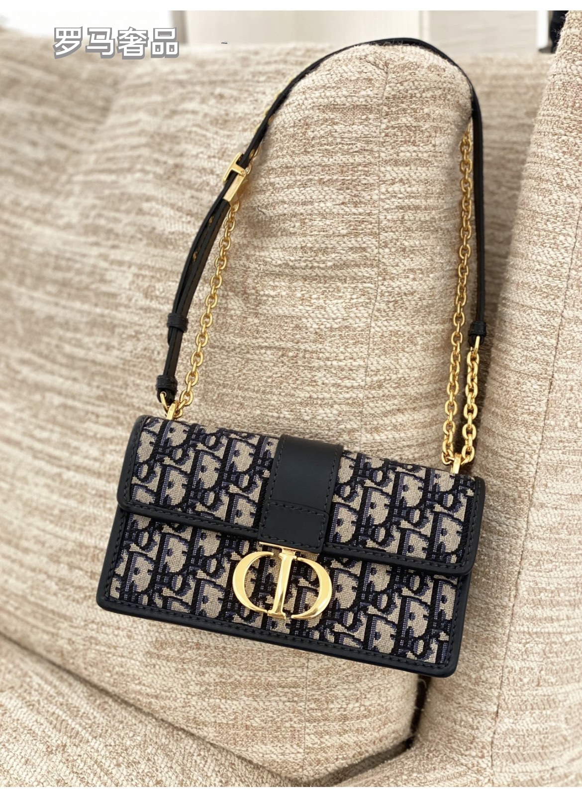 Luxury Blue Oblique Canvas Shoulder Bag with Gold CD Clasp