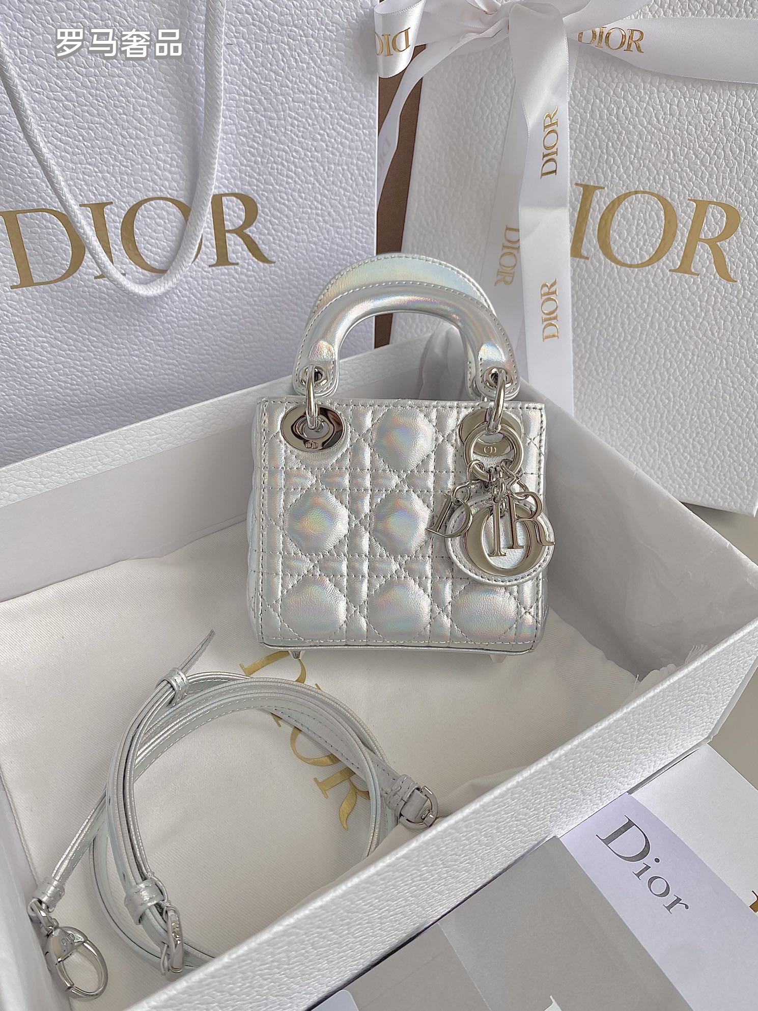 Micro Quilted Top-Handle Bag with Detachable Shoulder Strap - Silver