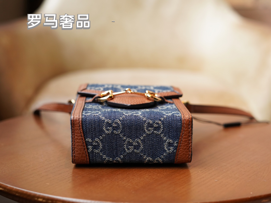 Gucci Horsebit 1955 Mini Shoulder Bag Blue GG Denim with Brown Leather Trim
