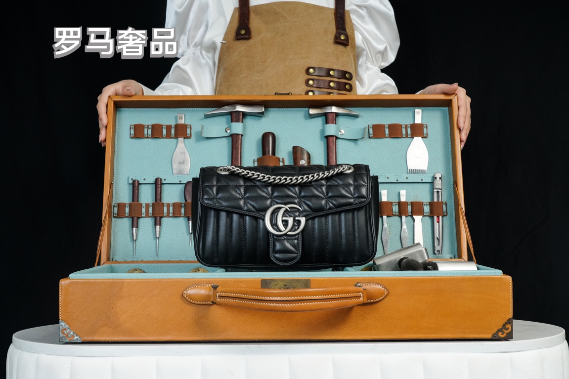 Gucci GG Marmont Small Matelassé Shoulder Bag - Black Leather with Silver Hardware