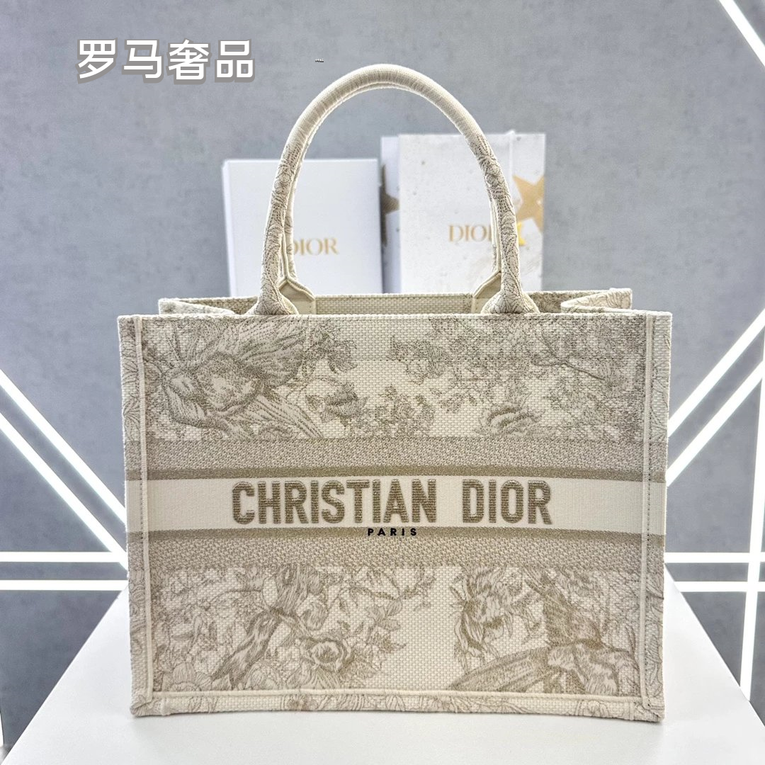 Christian Dior Book Tote Toile de Jouy Canvas Bag - Large Beige/Grey