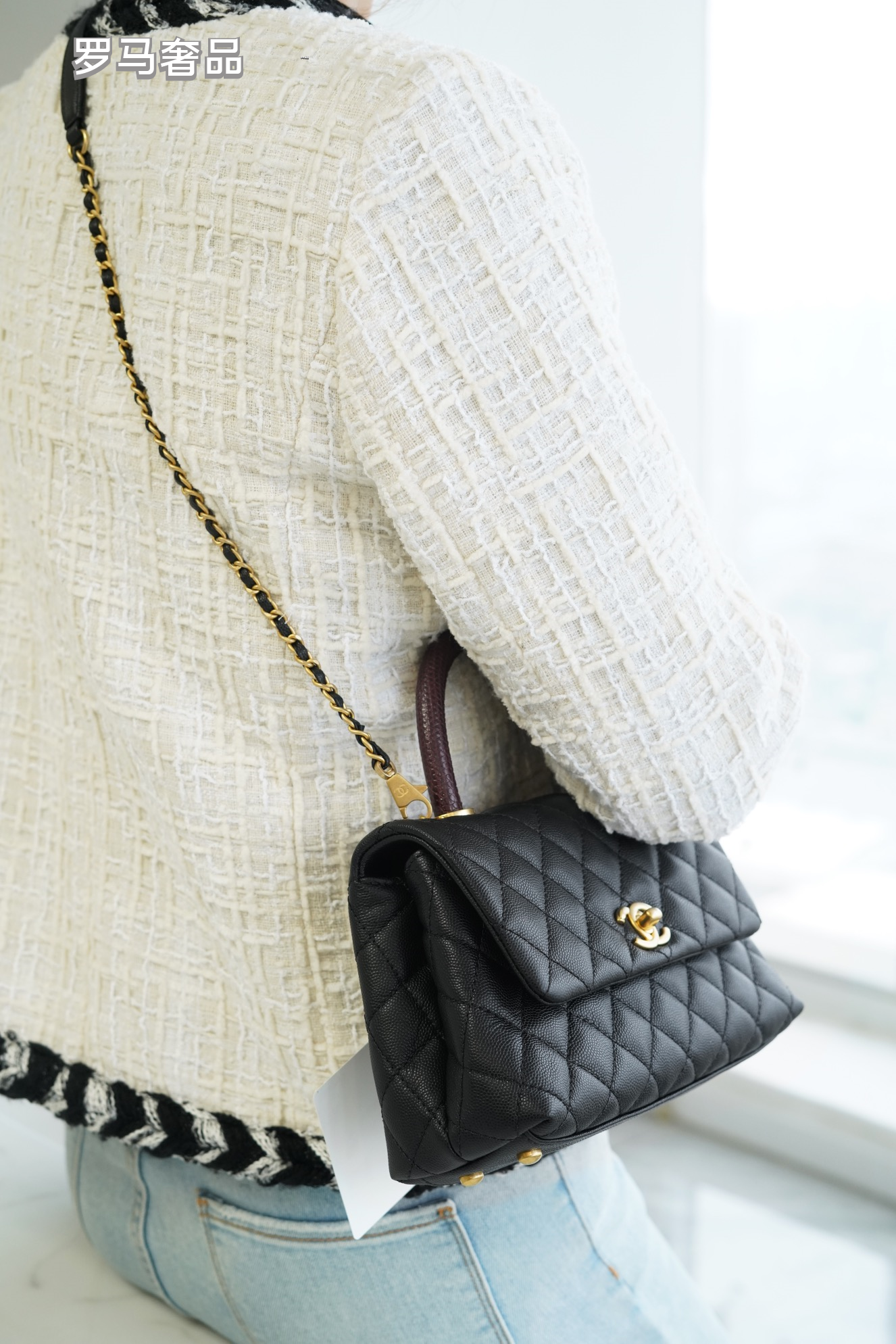 Chanel Medium Coco Handle Bag Black Quilted Caviar Leather Gold Hardware