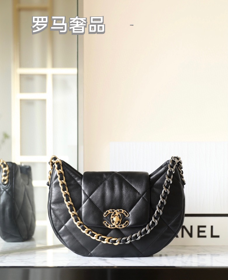 Chanel 19 Large Hobo Bag - Black Quilted Lambskin Leather with Gold-Tone Hardware