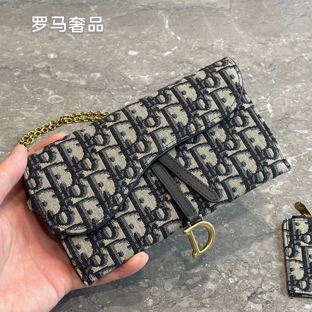 Dior Vintage Monogram Jacquard Saddle Wallet on Chain Crossbody Shoulder Bag