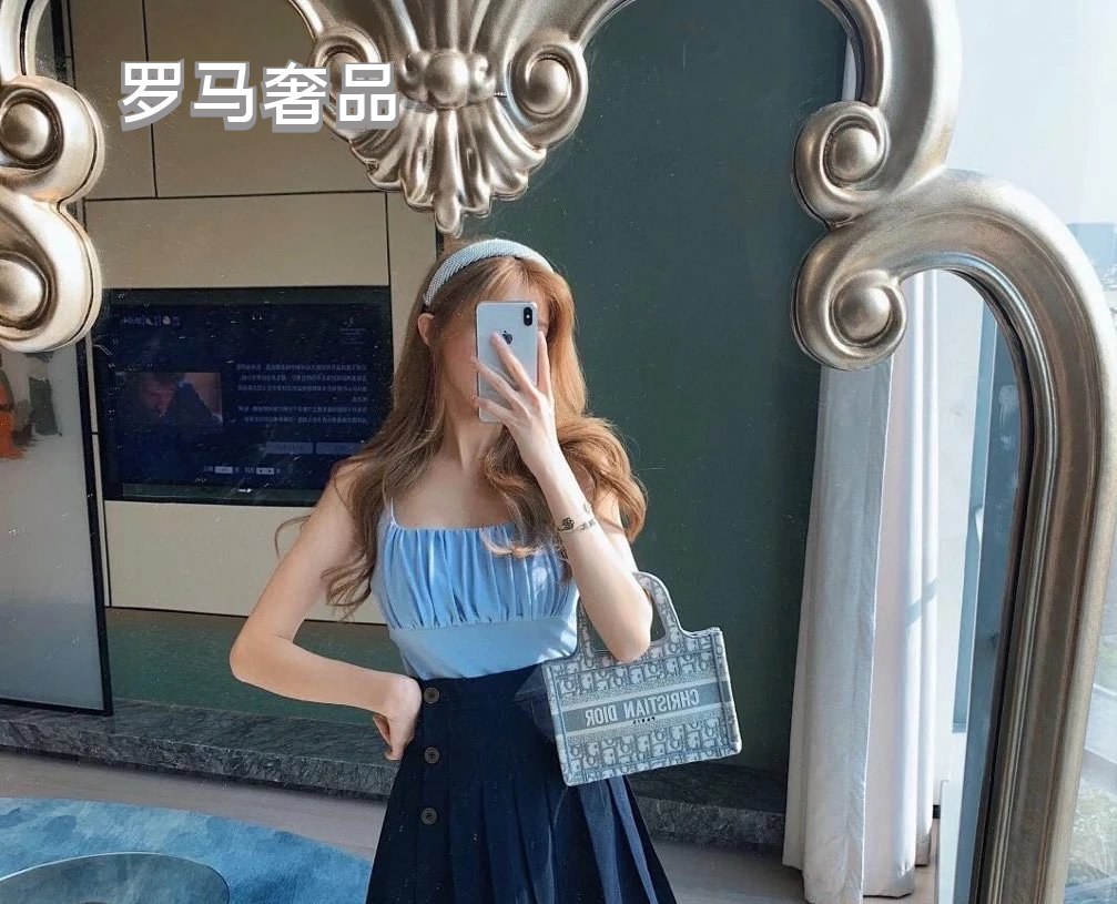 Christian Dior Blue Dior Oblique Embroidery Mini Book Tote