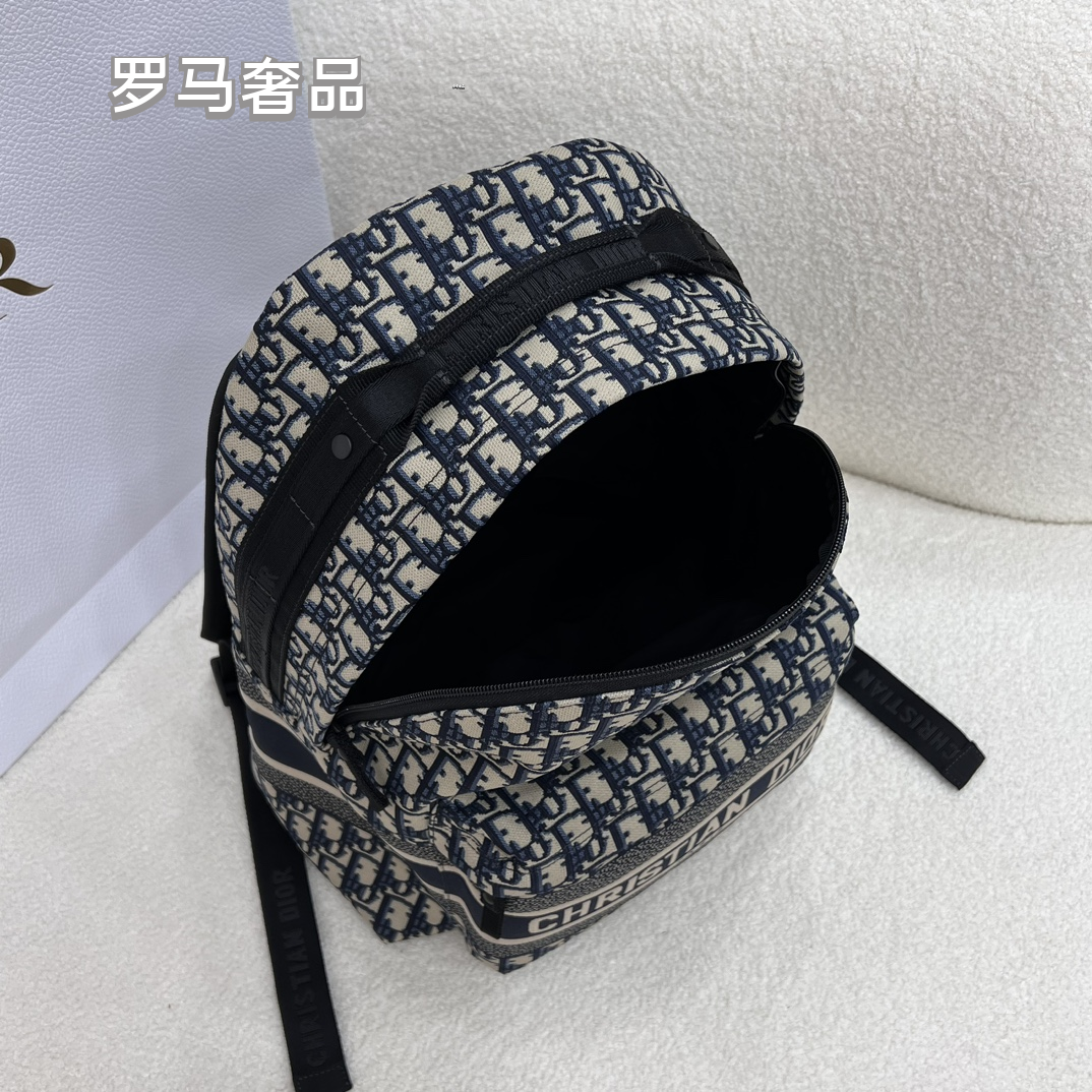 Christian Dior Oblique Jacquard Canvas Backpack - Navy Blue & Beige
