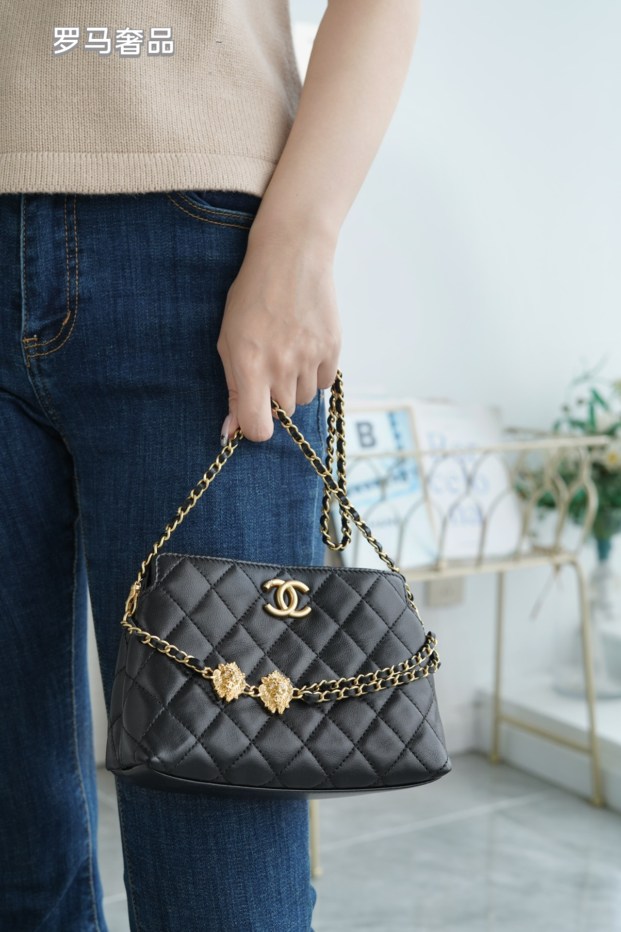 Chanel Black Quilted Leather Flap Bag with Lion Head Chain Embellishments