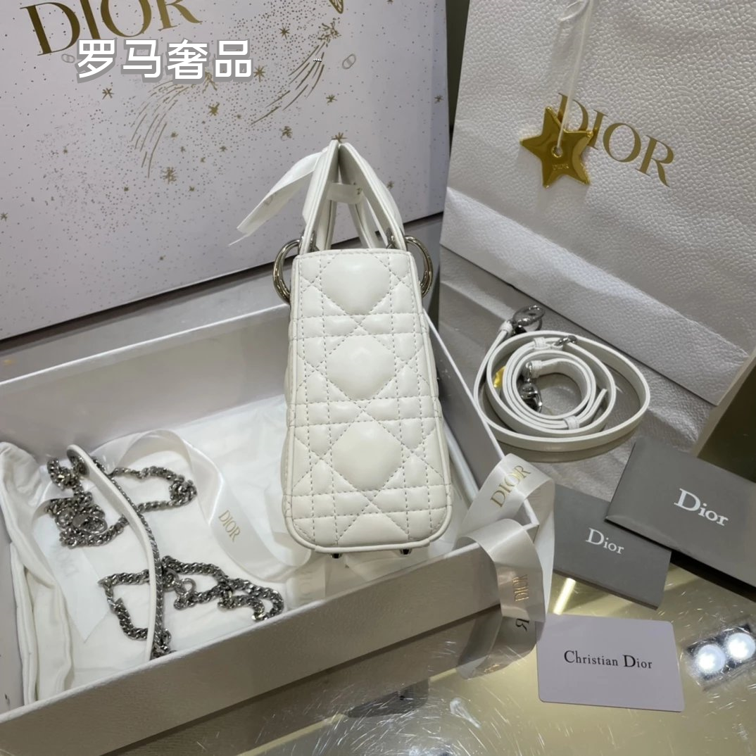 Dior Classic White Quilted Leather Mini Top Handle Bag with Silver Hardware