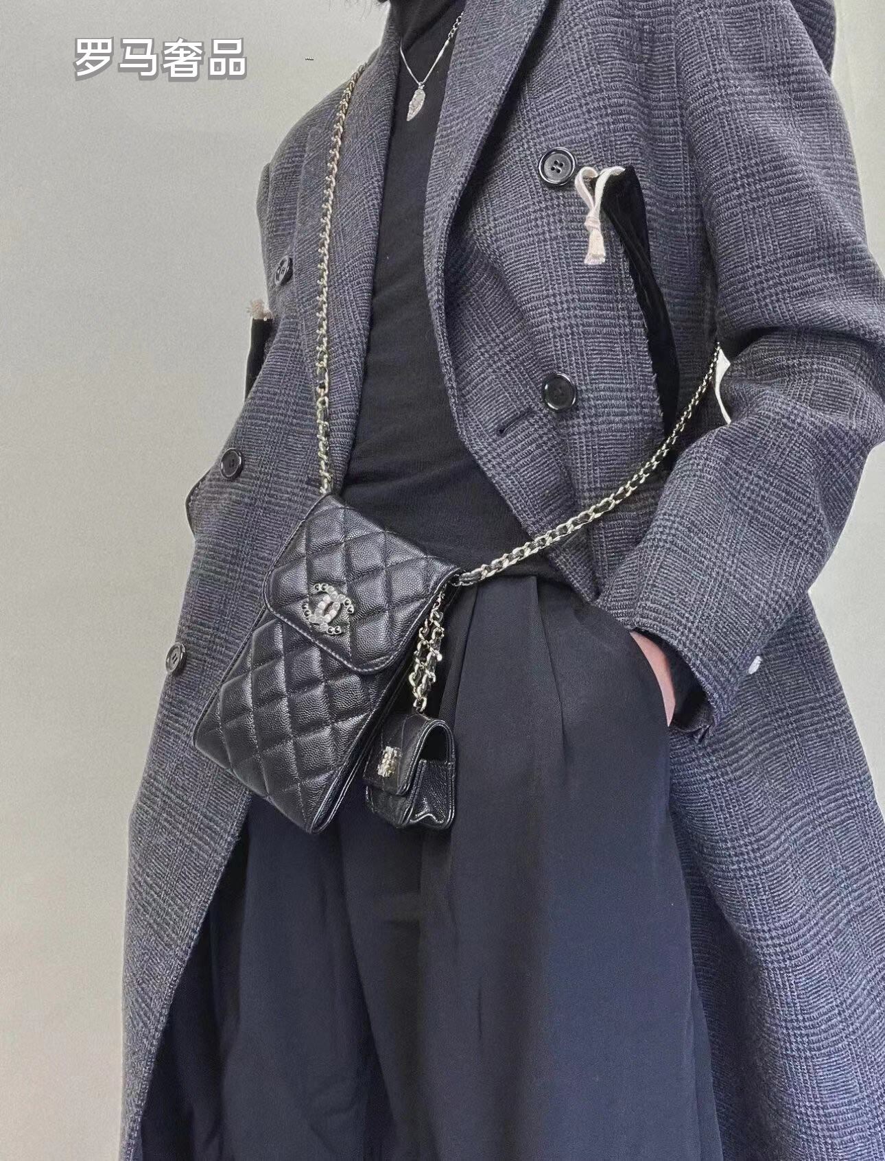 Women's Black Quilted Phone Crossbody Bag with Matching Airpods Pouch and Chain Strap