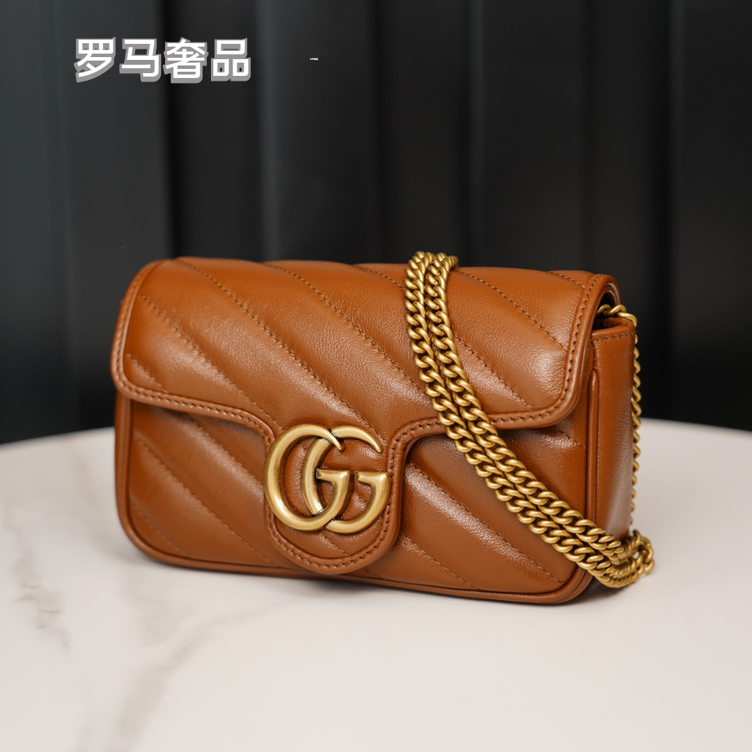 Gucci Brown Quilted Leather Crossbody Bag with Gold Chain Strap
