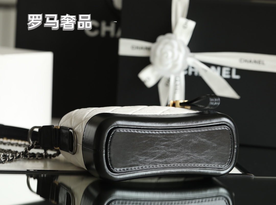 Chanel Small Gabrielle Hobo Bag - White &amp; Black Quilted Aged Calfskin