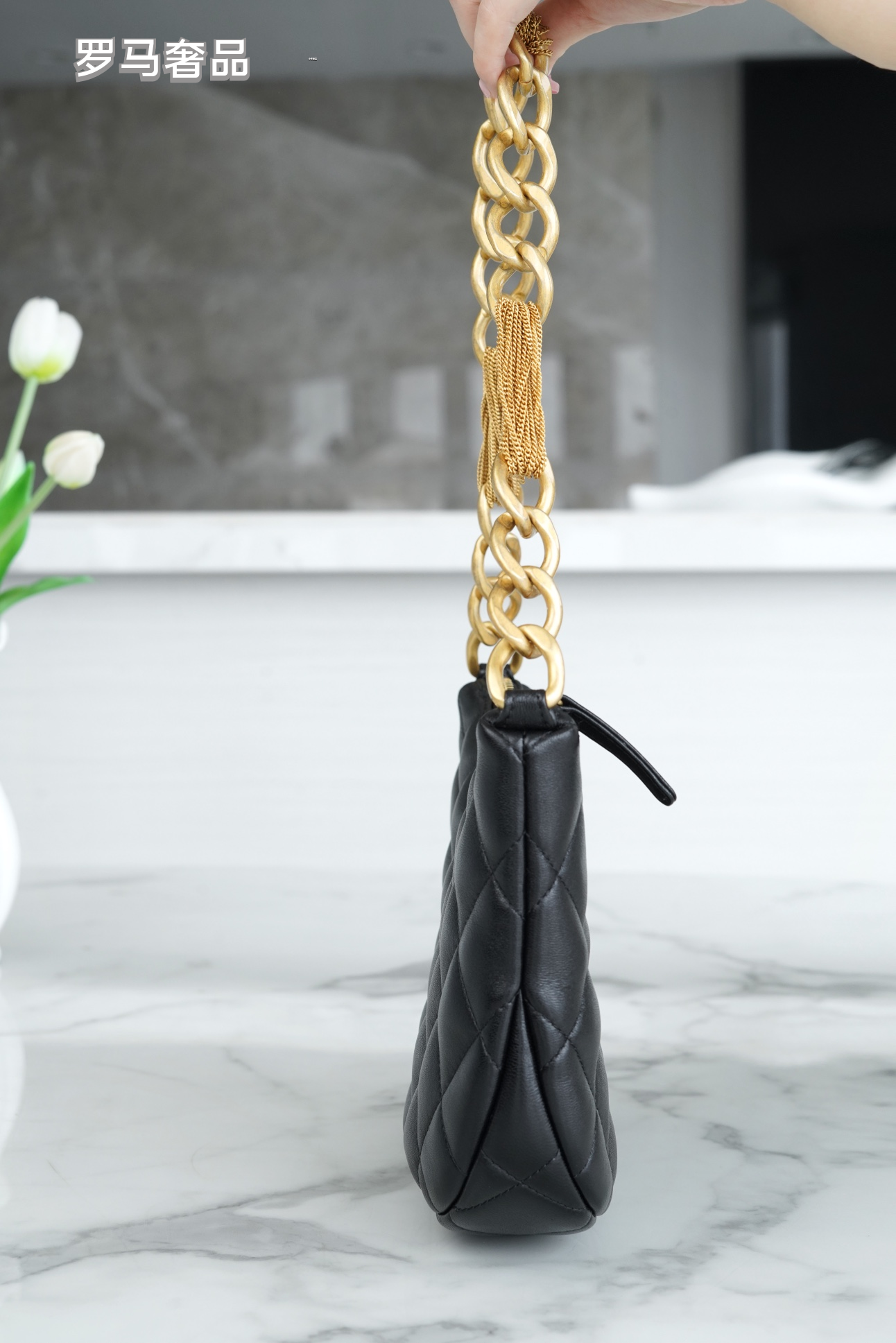 Chanel Quilted Black Leather Hobo Bag with Gold-Tone Chain Strap