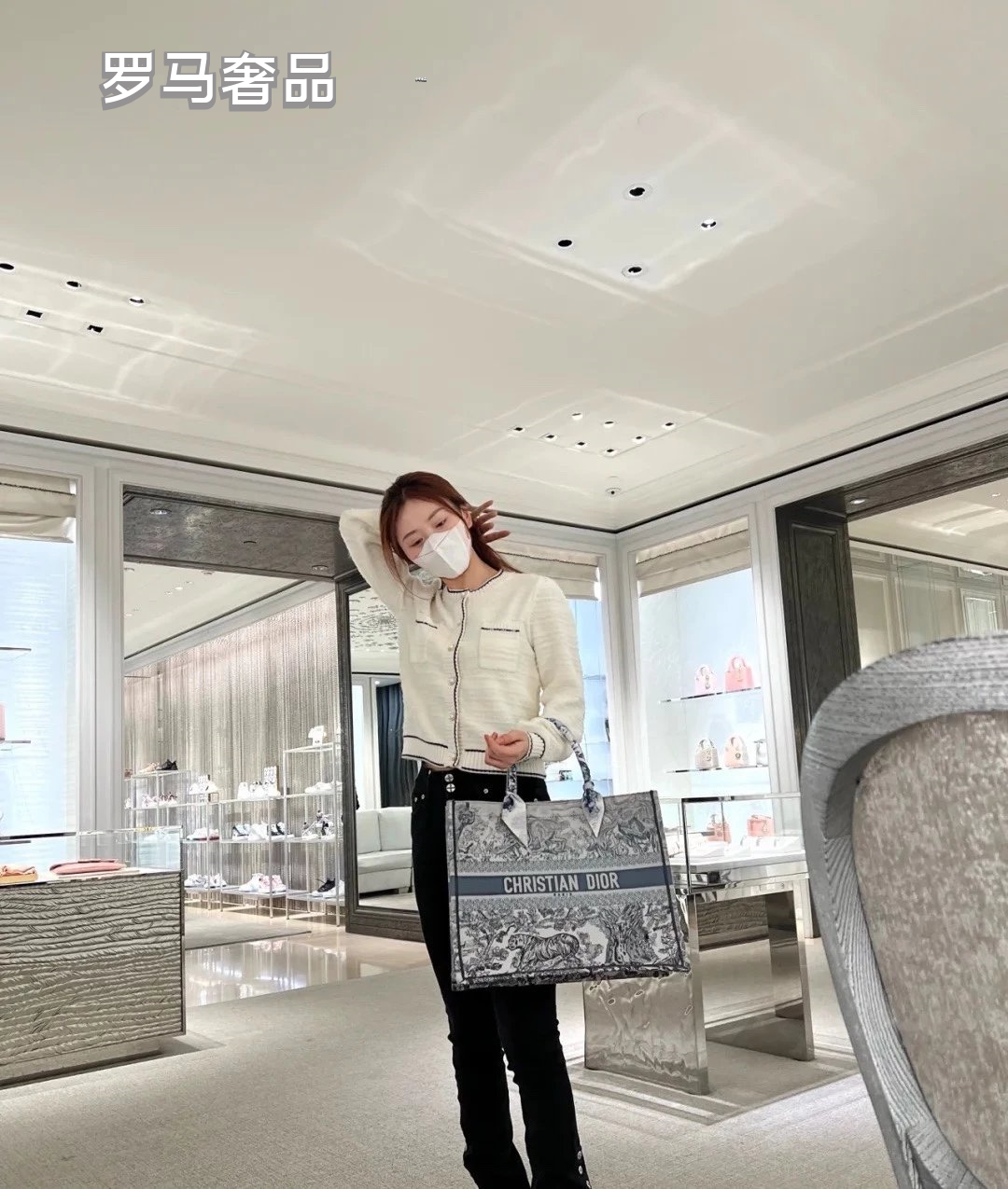 Dior Vintage Grey Toile de Jouy Canvas Tote Bag with Top Handles