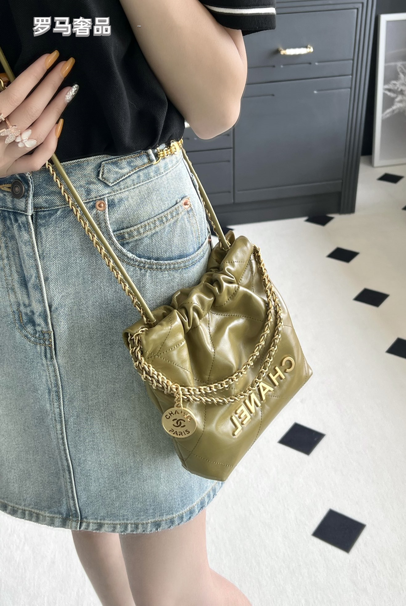 Chanel 22 Handbag in Olive Green Quilted Calfskin with Gold-Tone Hardware