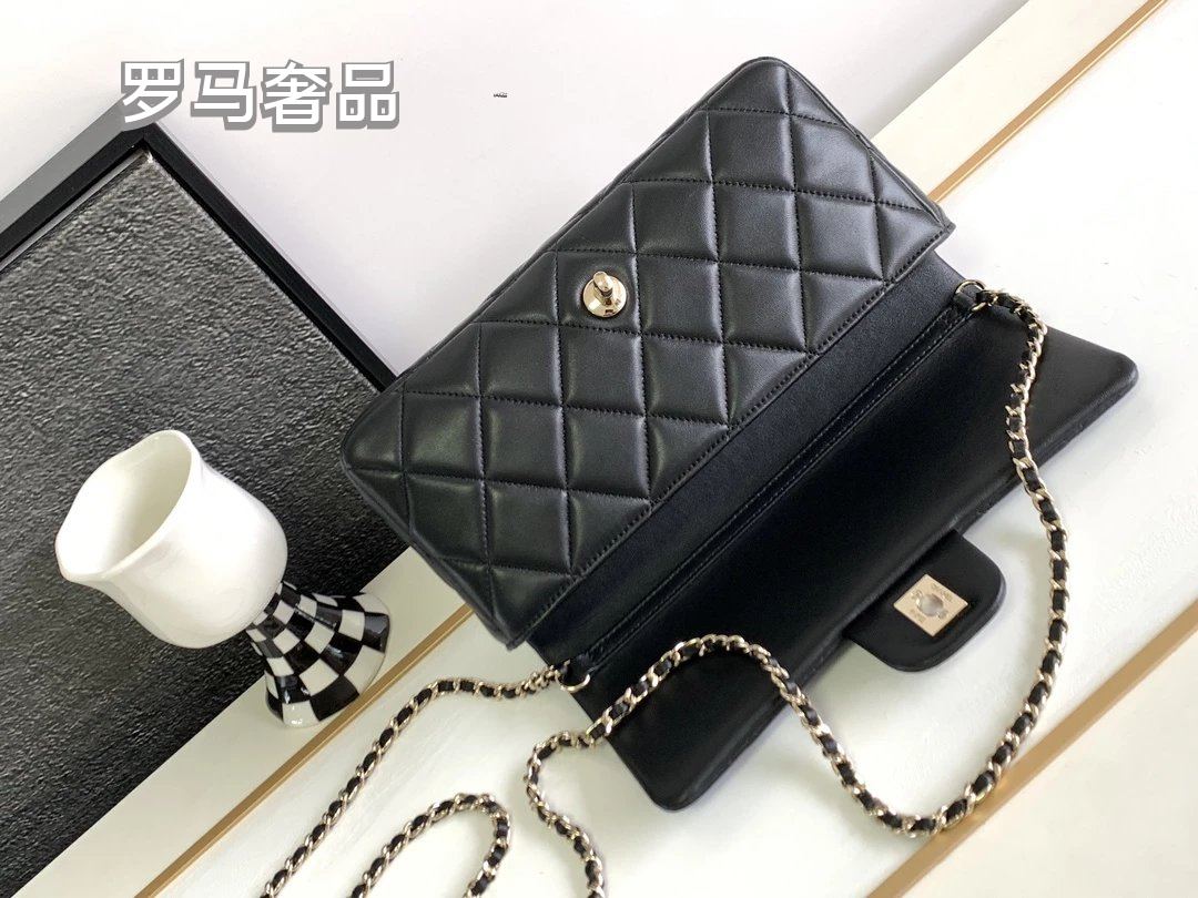 Black Quilted Leather Flap Bag with Crystal Interlocking Logo and Chain Strap