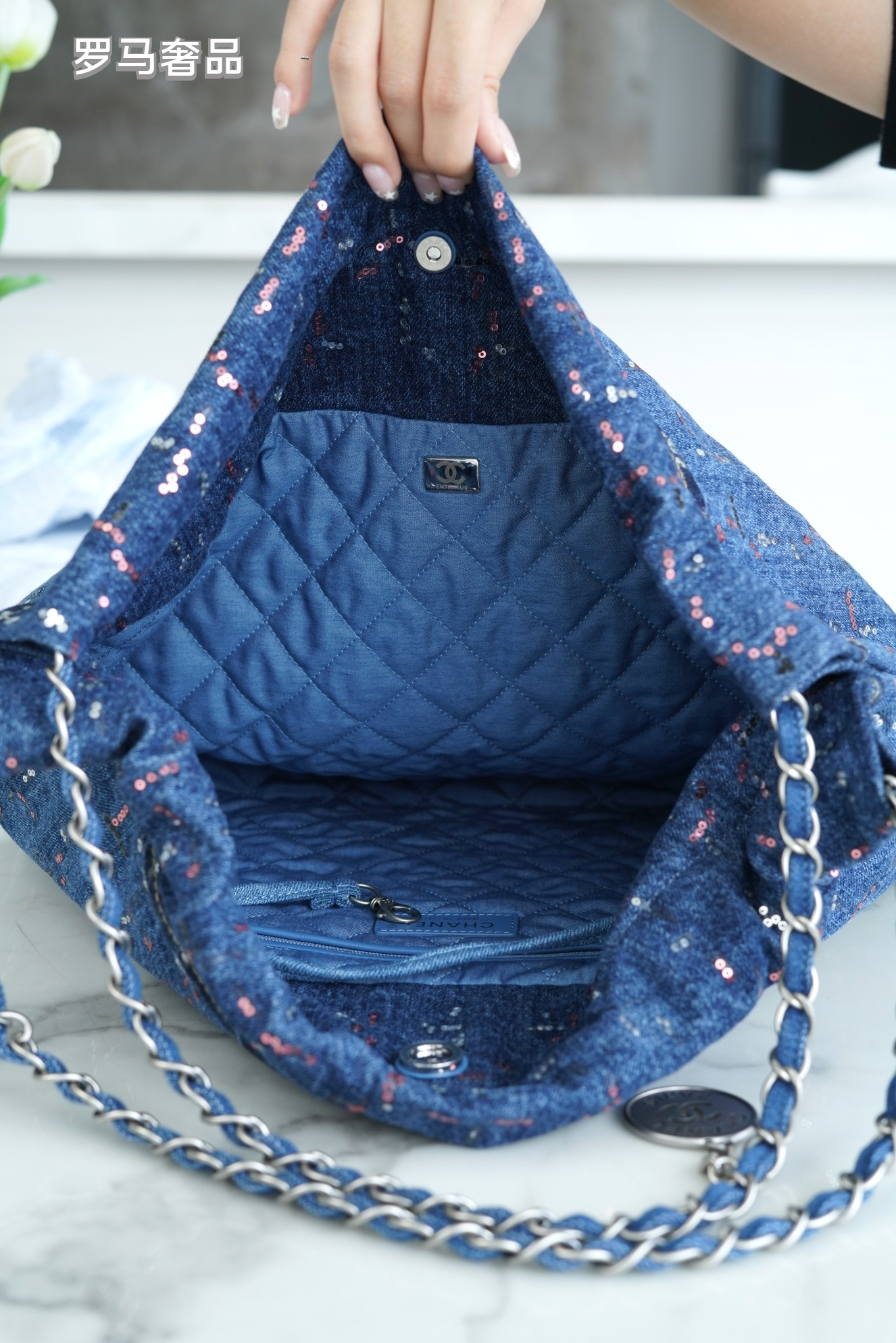 Chanel 22 Denim Patchwork Tote Bag with Matching Pouch - Blue Washed Denim Shoulder Bag