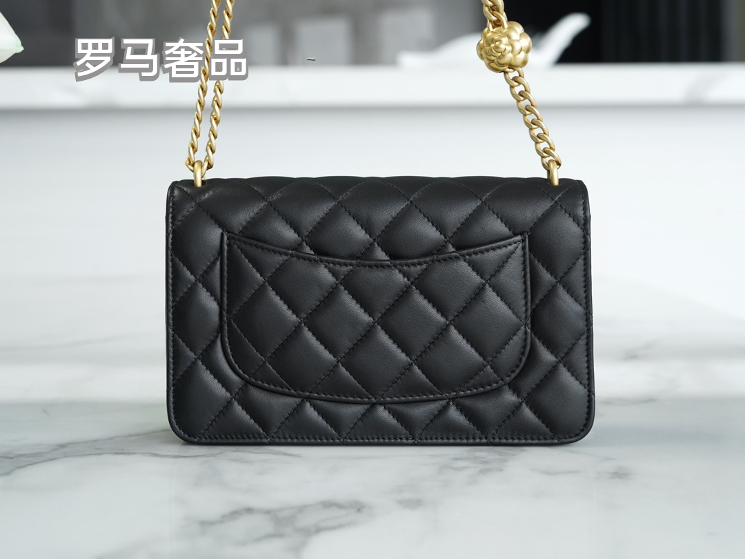 Chanel Quilted Lambskin Wallet on Chain with Camellia Gold Charm - Black