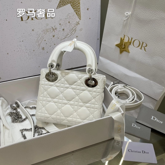 Christian Dior Lady Dior Mini Bag White Cannage Lambskin with Silver-Tone Hardware