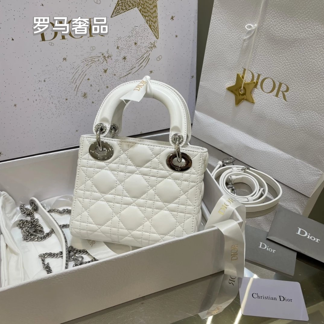 Dior Classic White Quilted Leather Mini Top Handle Bag with Silver Hardware