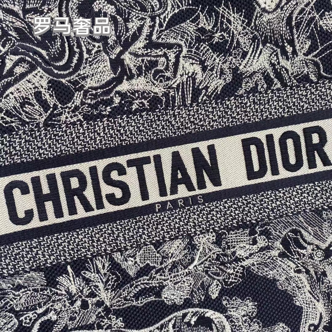 Christian Dior Book Tote Toile de Jouy Embroidery Bag - Black and White