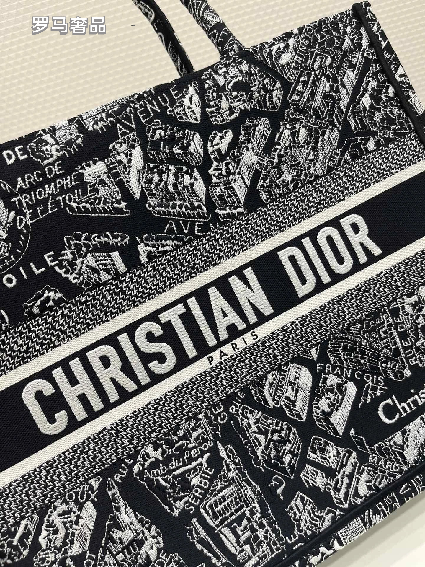 Christian Dior Plan de Paris Book Tote Bag - Black and White Embroidered Canvas