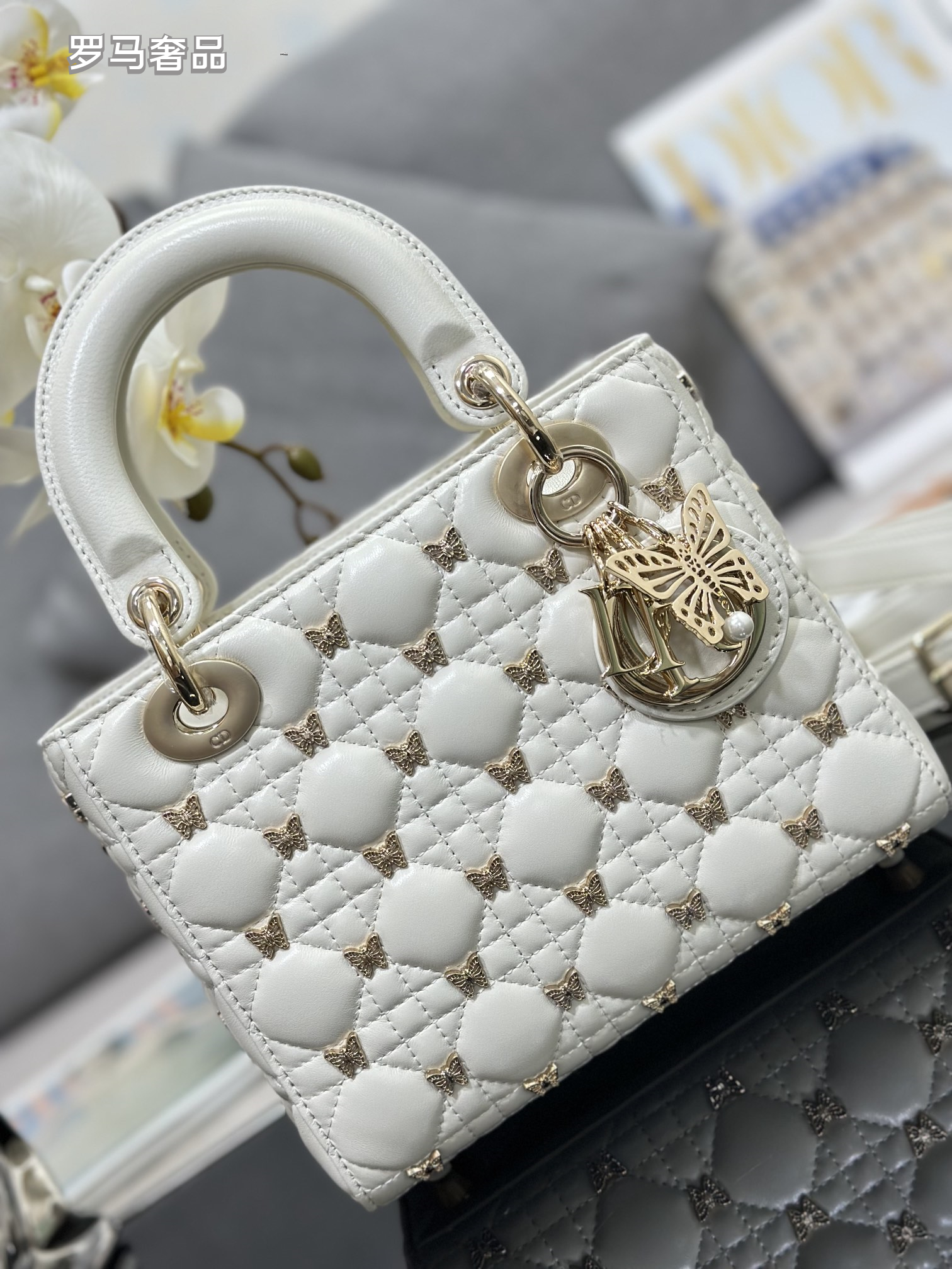 Lady Dior Small Handbag - Black Quilted Leather with Butterfly Embellishments