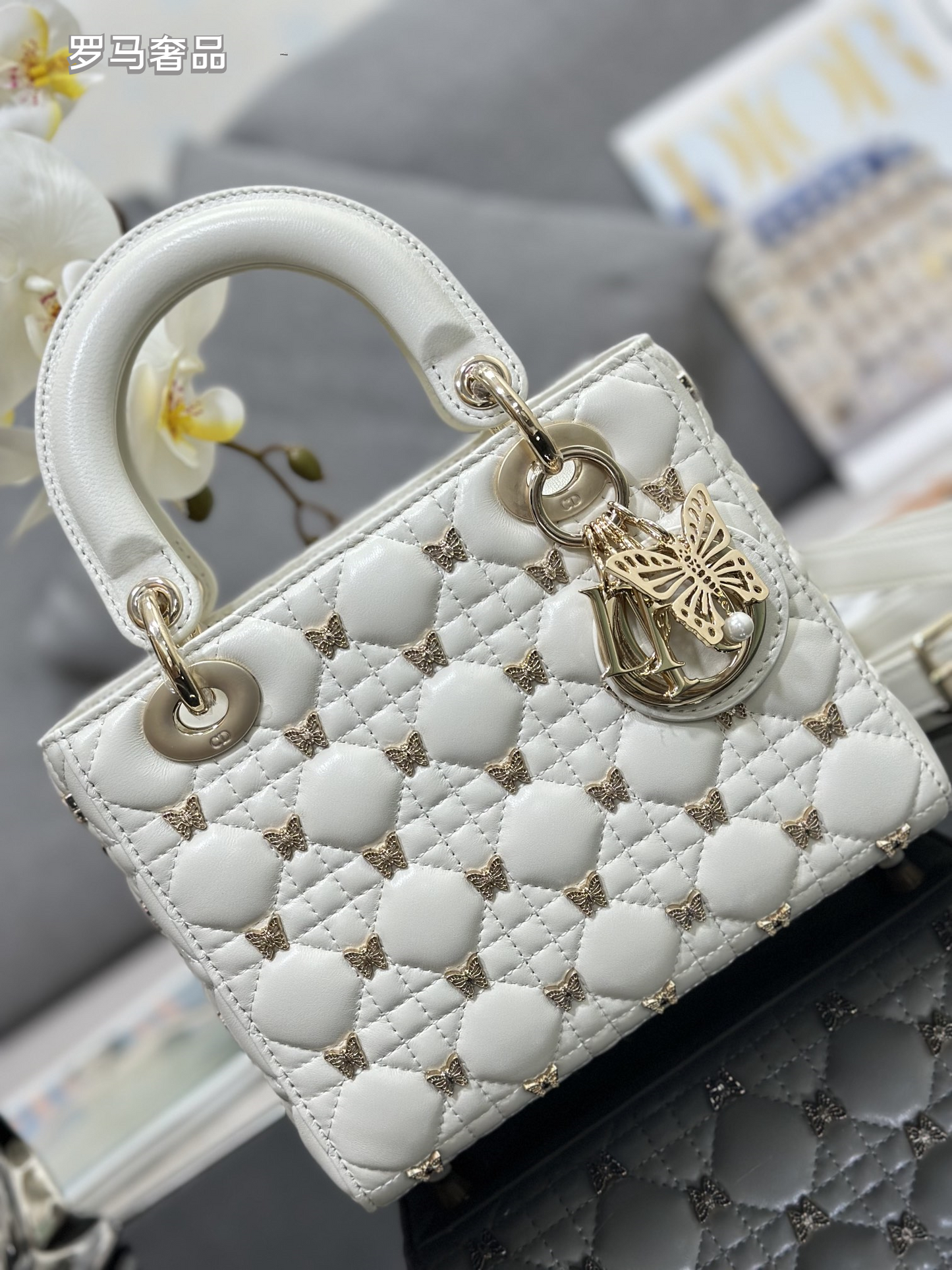 Dior Luxury Black Quilted Leather Handbag with Gold Butterfly Charm