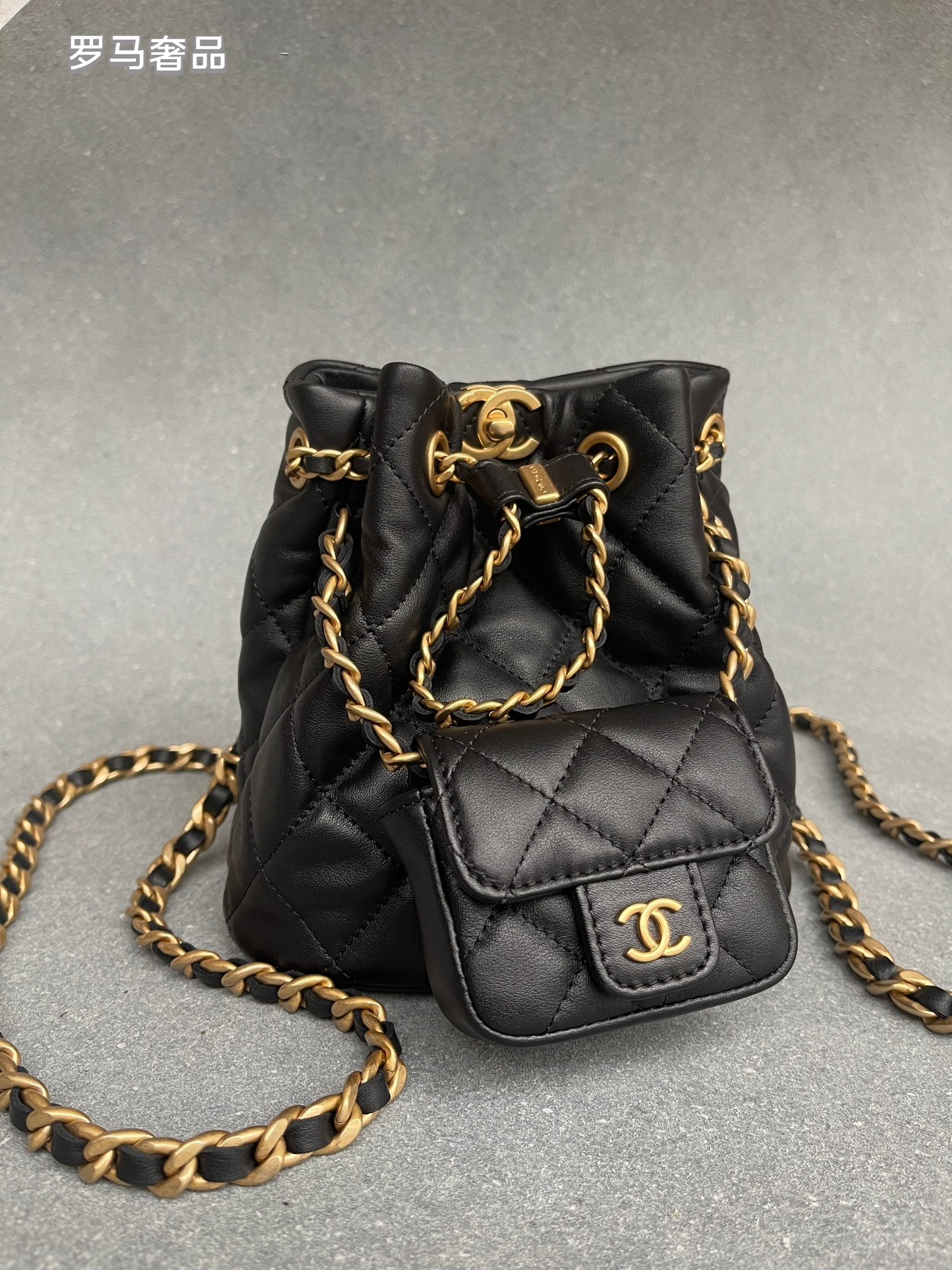 Chanel Small Quilted Lambskin Bucket Bag with Mini Pouch - Black with Gold Hardware