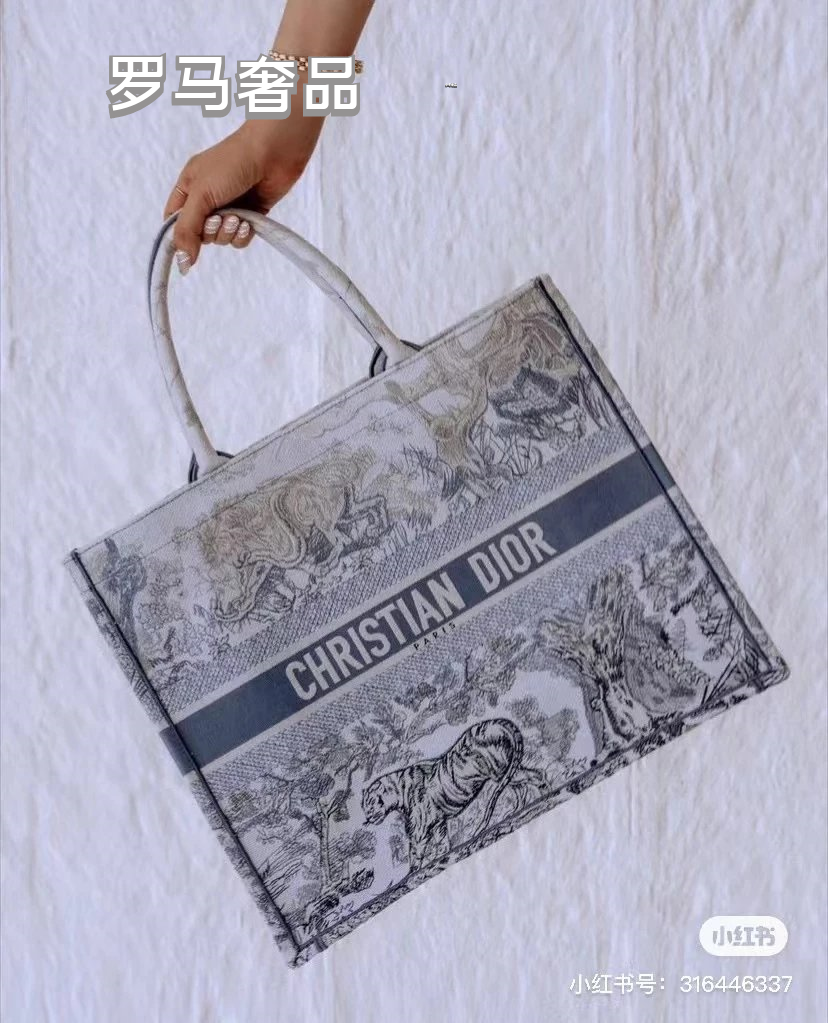 Dior Vintage Grey Toile de Jouy Canvas Tote Bag with Top Handles