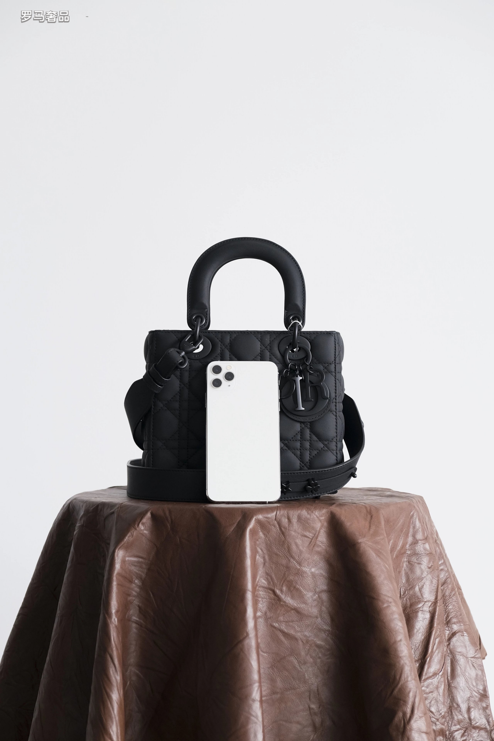 Lady Dior Style Ultra Matte Black Quilted Handbag with Shoulder Strap