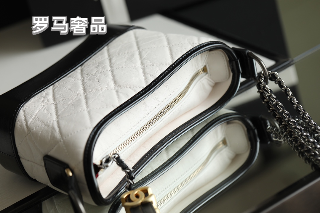 Chanel Small Gabrielle Hobo Bag - White &amp; Black Quilted Aged Calfskin
