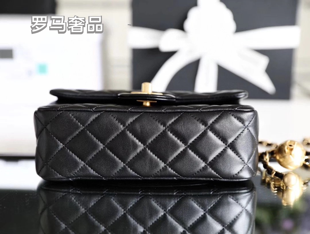 Chanel Mini Rectangular Flap Bag with Pearl Crush Adjustable Chain Black Quilted Lambskin