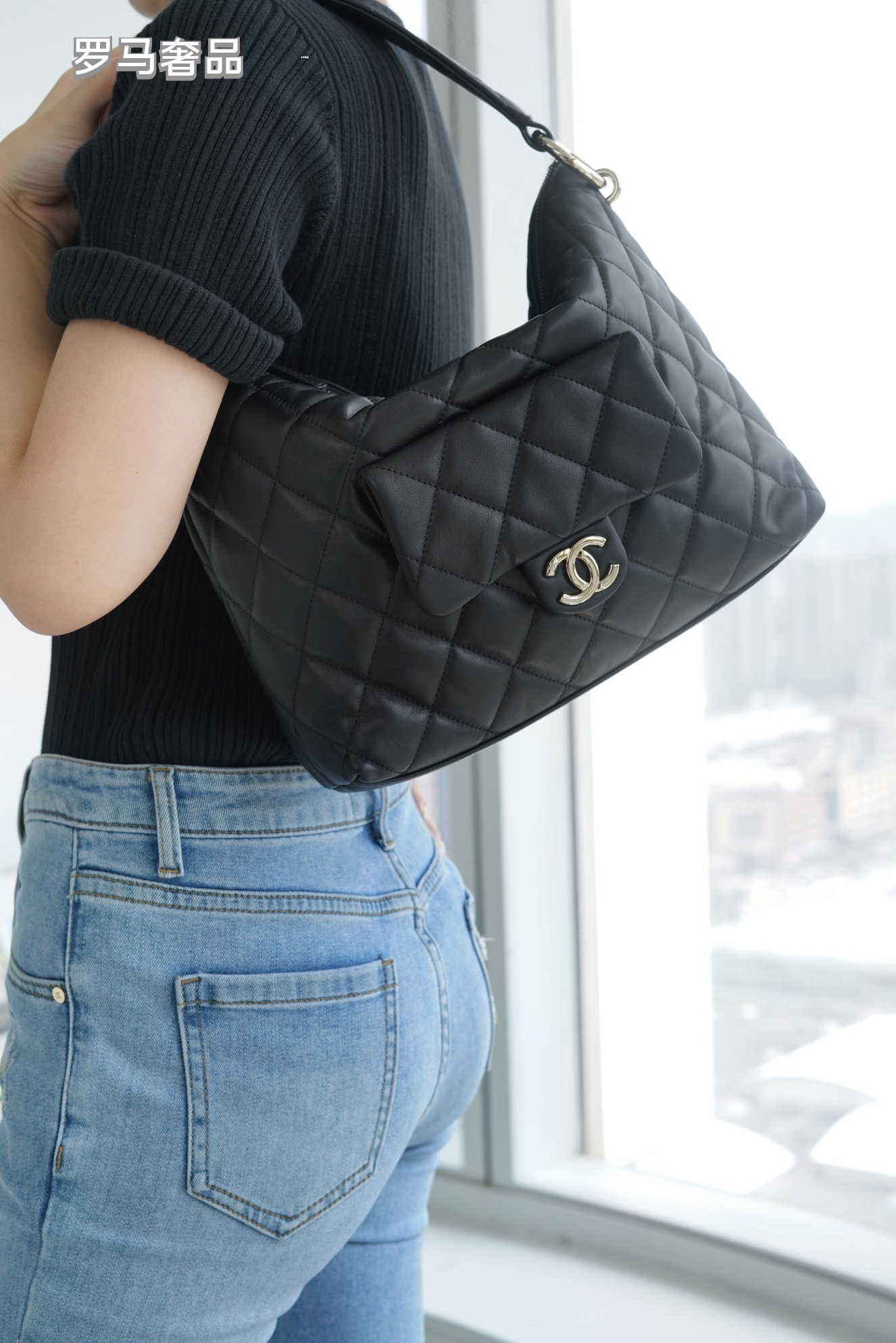 Chanel Black Quilted Lambskin Leather Hobo Bag with Front CC Logo Pocket