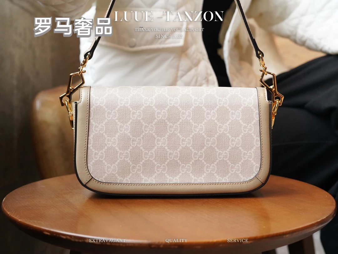 LULU LANZOX Women's Monogram Horsebit Shoulder Bag - Cream/Beige Luxury Crossbody