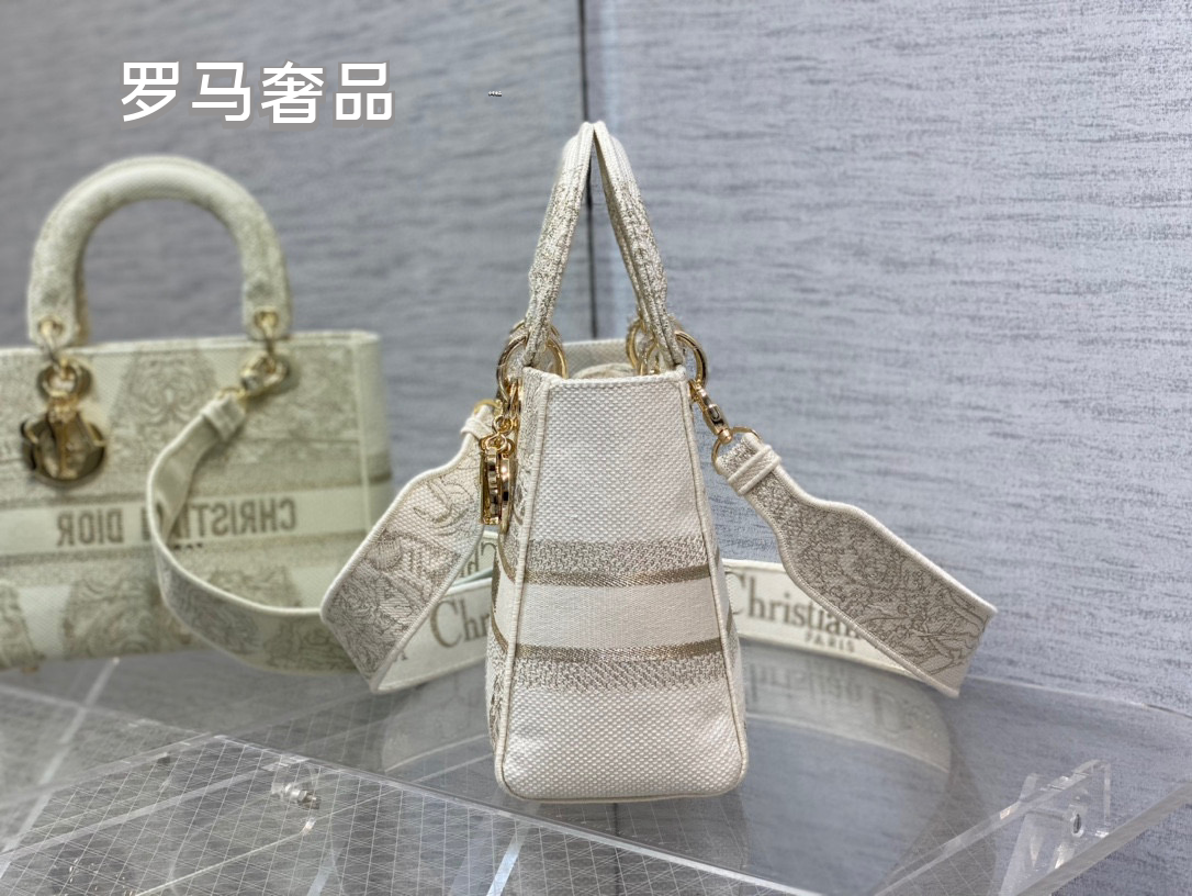 Dior Elegant Baroque Embroidered Canvas Top Handle Handbag for Women
