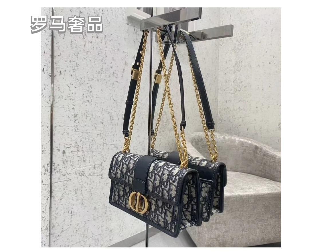 Luxury Blue Oblique Canvas Shoulder Bag with Gold CD Clasp