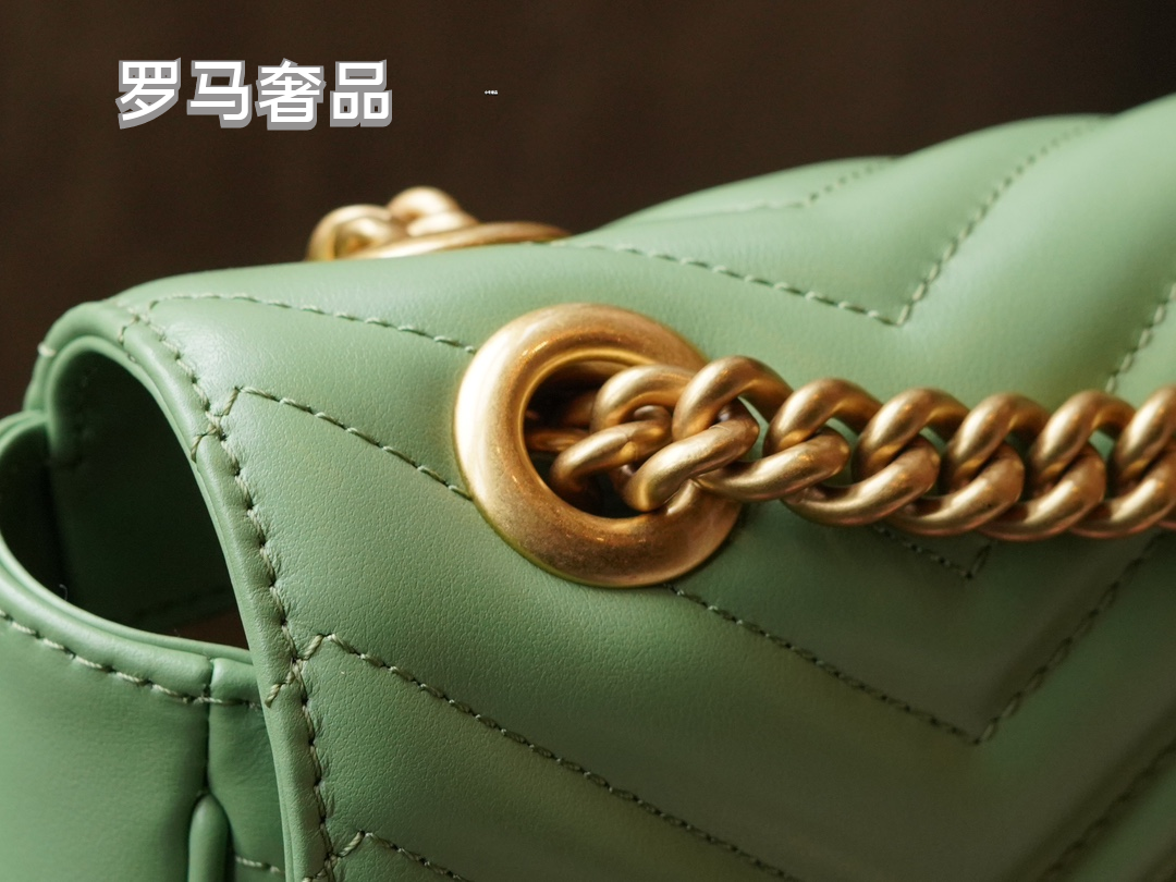 Gucci Sage Green Quilted Chevron Leather Shoulder Bag with Gold Chain