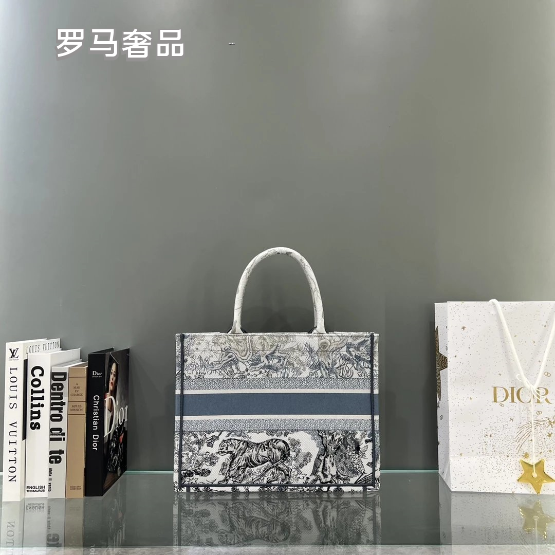 Christian Dior Grey Toile de Jouy Embroidered Canvas Medium Book Tote Bag