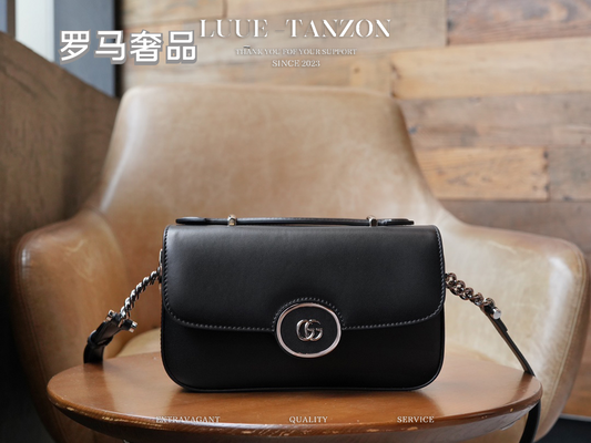 Women's Black Leather Crossbody Shoulder Bag with Silver Round GG Clasp