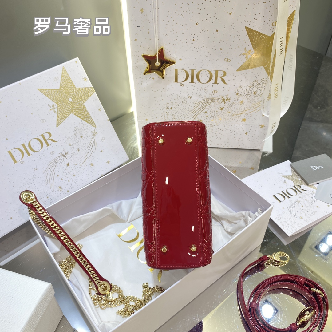 Christian Dior Micro Lady Dior Bag - Red Cannage Patent Calfskin with Gold-Finish Metal