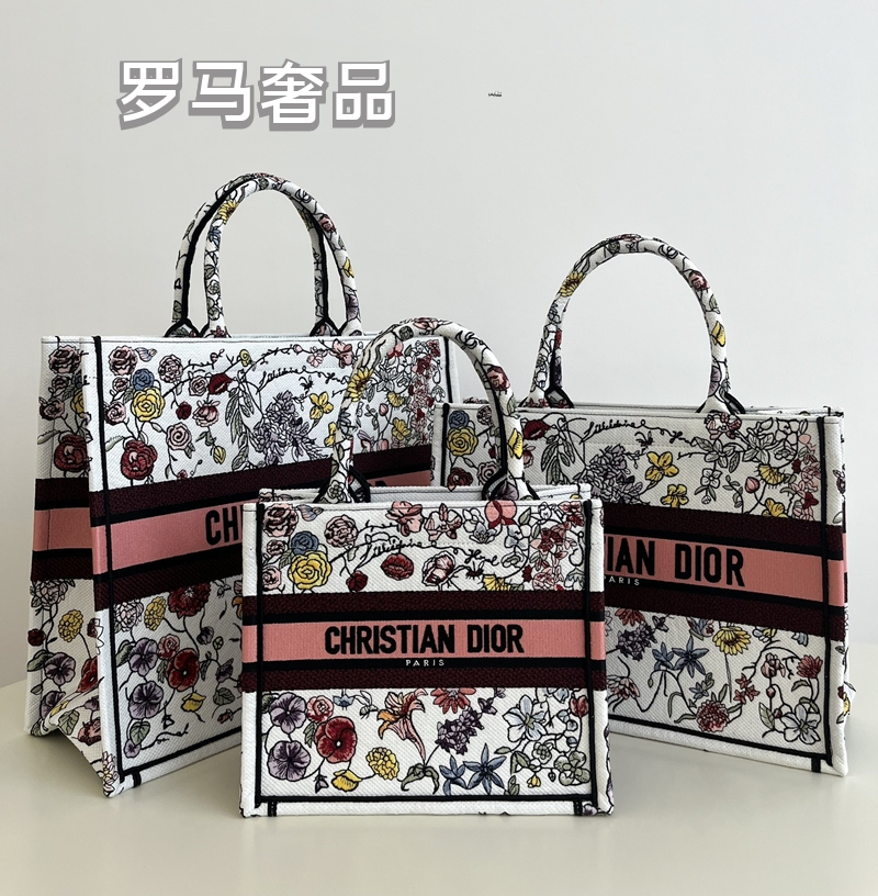 Christian Dior Book Tote Set Floral Embroidered Canvas Handbag 3 Pieces