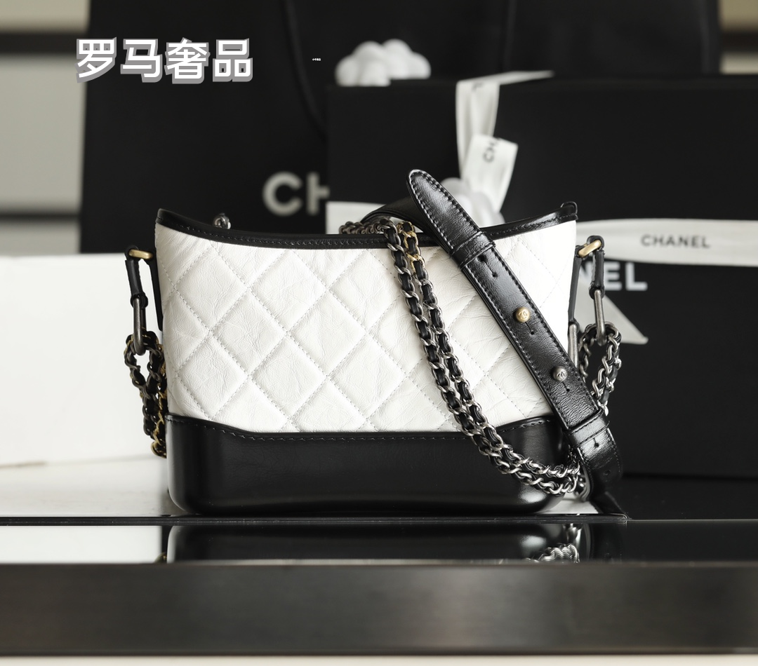Chanel Small Gabrielle Hobo Bag - White &amp; Black Quilted Aged Calfskin