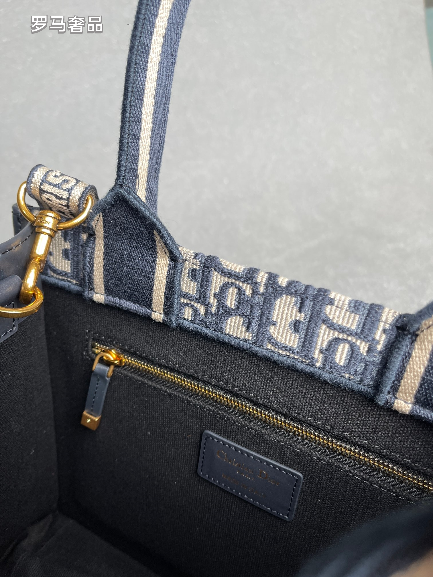 Dior Navy Blue Monogram Canvas Tote Bag with Top Handles